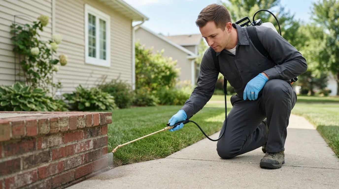 Pest control technician treating a home near Beardstown, IL