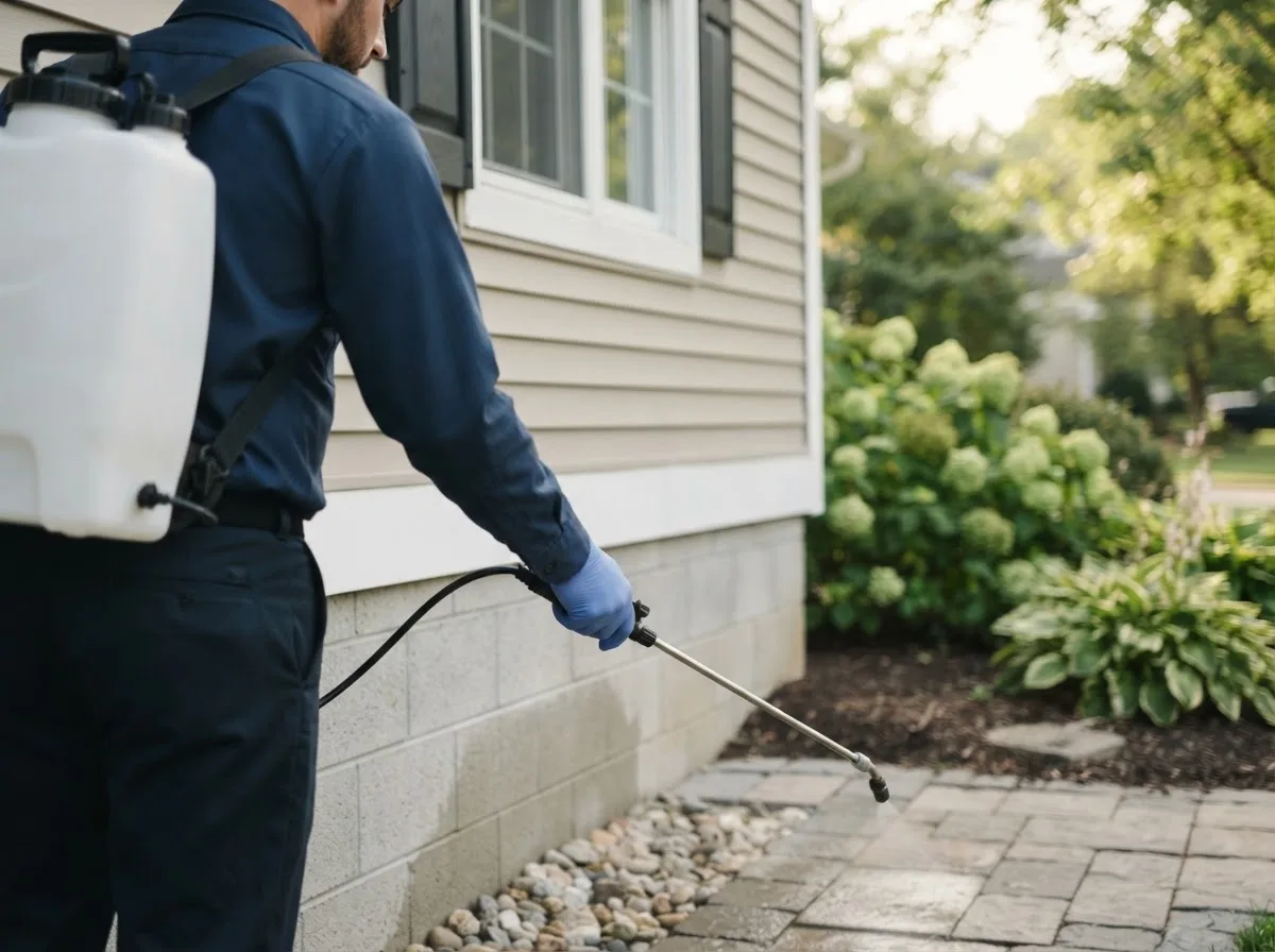 Pest control technician inspecting a home in Beardstown, IL